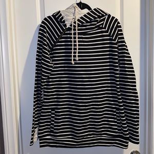 Vanilla Bay. NWT XL. Double Hooded Stripe Black Grey Hoodie 2 Pockets Thumbholes